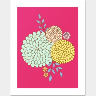 Retro flower garden botanical design in viva magenta and turquoise Posters and Art